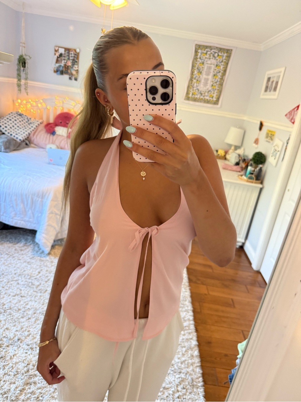 Edikted Light Pink Halter Tie-Front Camisole - Picture 2 of 3